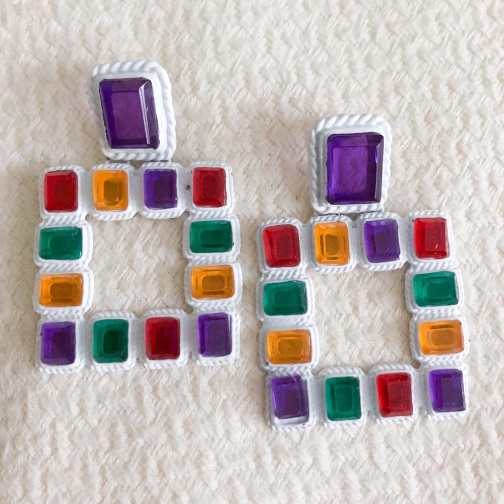 White multicolor purple square statement earrings